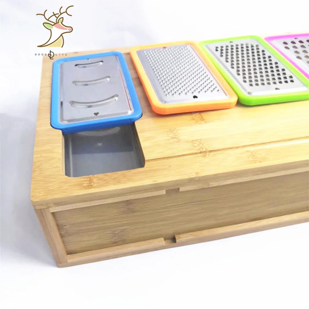 Costom Large Bamboo Cutting Board With Containers For Kitchen Chopping Boards With 4 Compartments with  4 grater