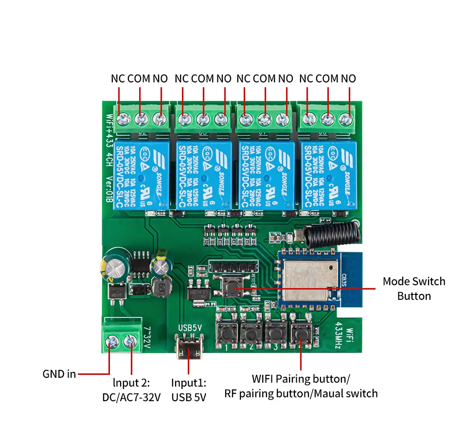 Tuya Smart Wifi DIY relay Switch Module  4CH 5V 12V 24V 32V AC 220V Inching Self-Locking RF Receive 10A Relay For Alexa