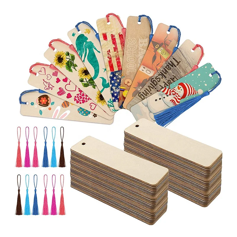 Decorative Tag Wood DIY Bookmark Set for Kids Blank Bookmarks with Tassels Customized Wooden Bookmark