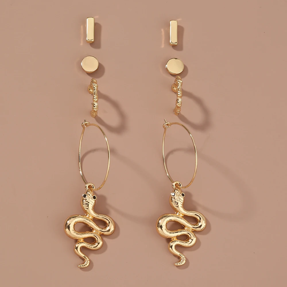 
4 Pairs Of Designs Gold Plated Round Long Bar Snake Hooks Bamboo Diamond Stud Earrings Set Women Jewelry 
