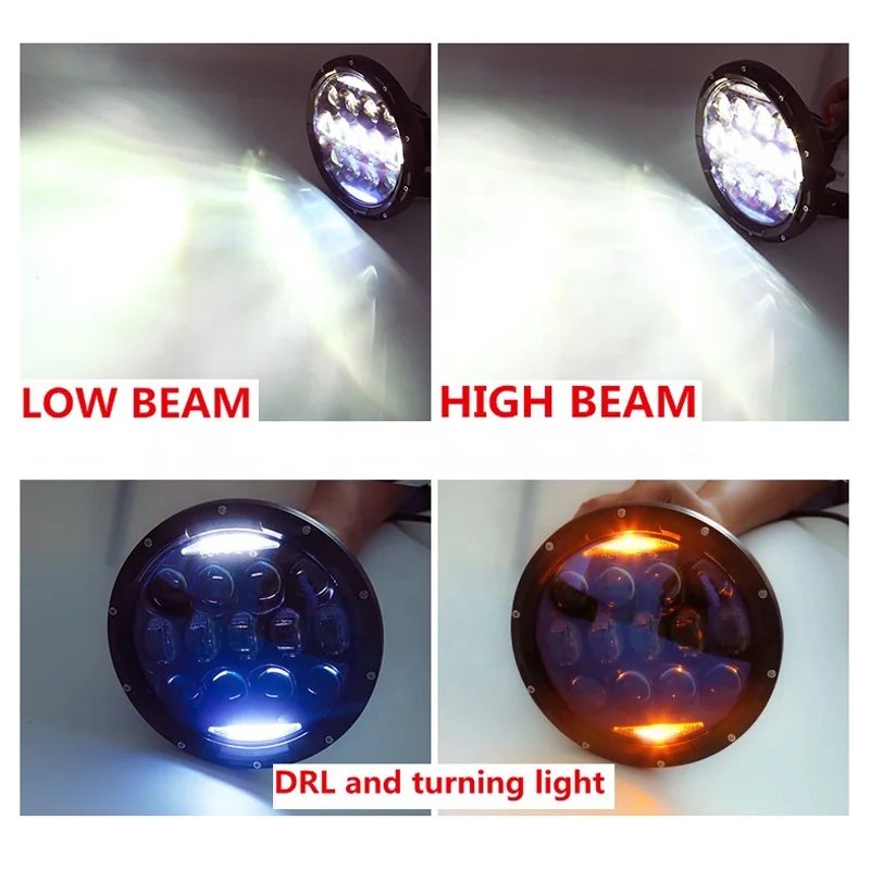 7Inch 130W Round LED Headlights Blue Projector Lens with High Low Beam White DRL Amber Turn Signal for JK CJ