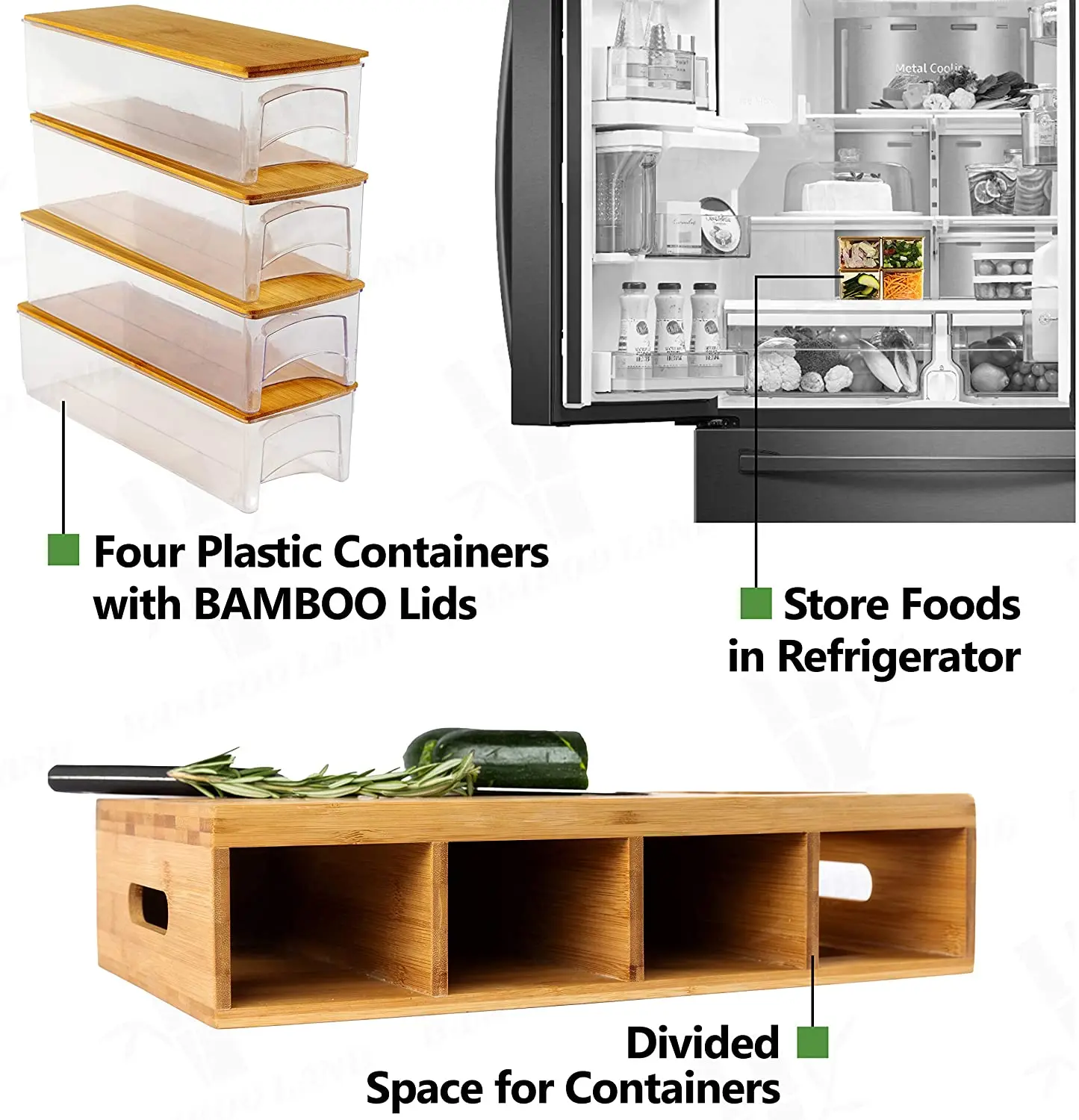 Rectangle Bamboo Chopping Block Cutting Board Set With 4 Trays Drawers Containers