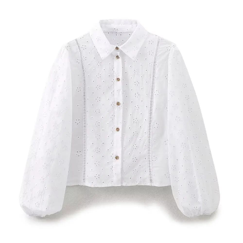 PB&ZA Women 2024 summer New Chic Fashion Hollow work Blouses Vintage Long Sleeve Female Shirts Blusas Chic Tops