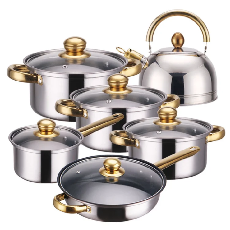 12Piece high Quality Wholesale Stainless Steel  Pots and Pans Set non-stick cookware sets with Gold Handles for home fried pan