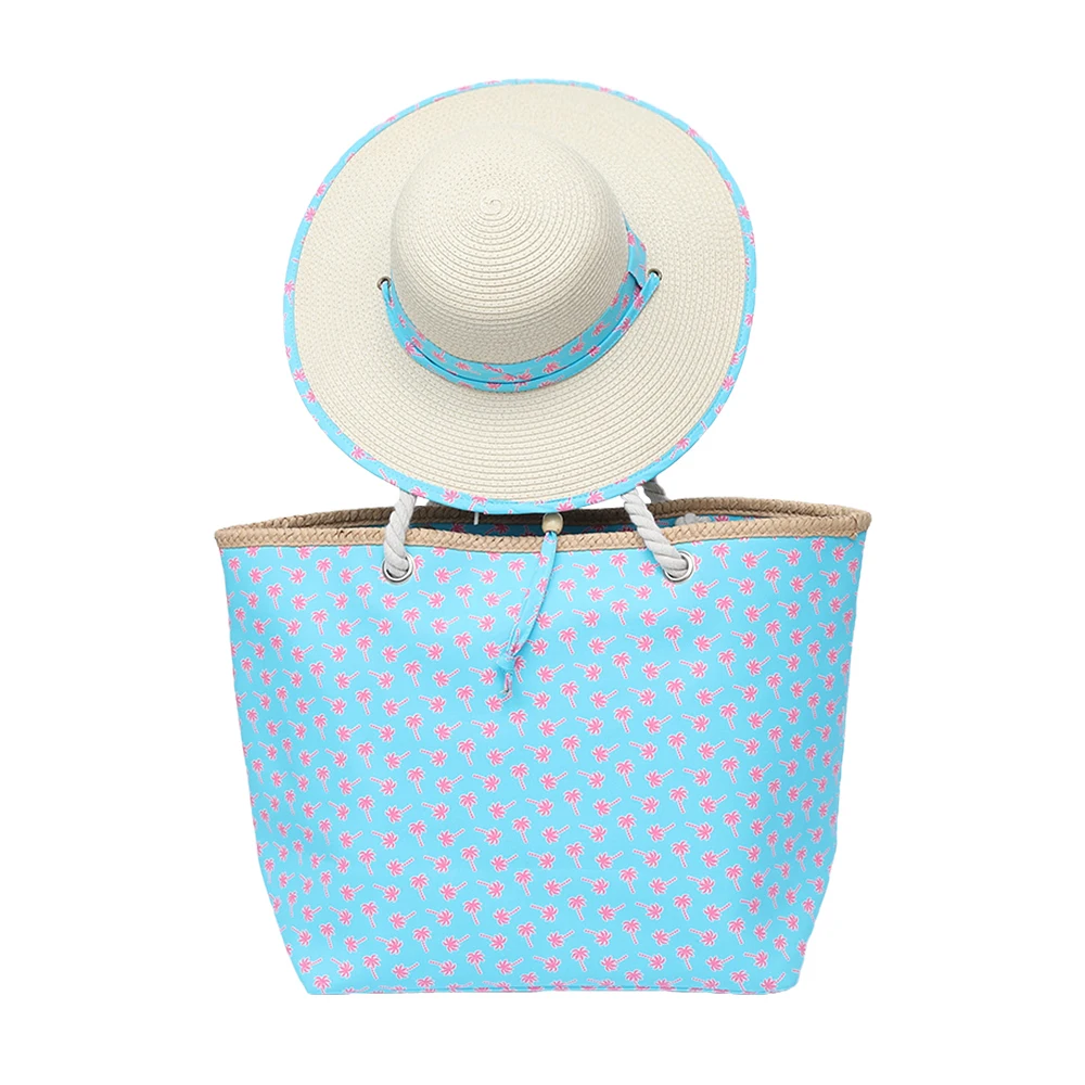 Custom Trendy Women Matching Design Printed Pattern Canvas Tote Bag Personalised Beach Girls Summer Beach Bag And Hat Set