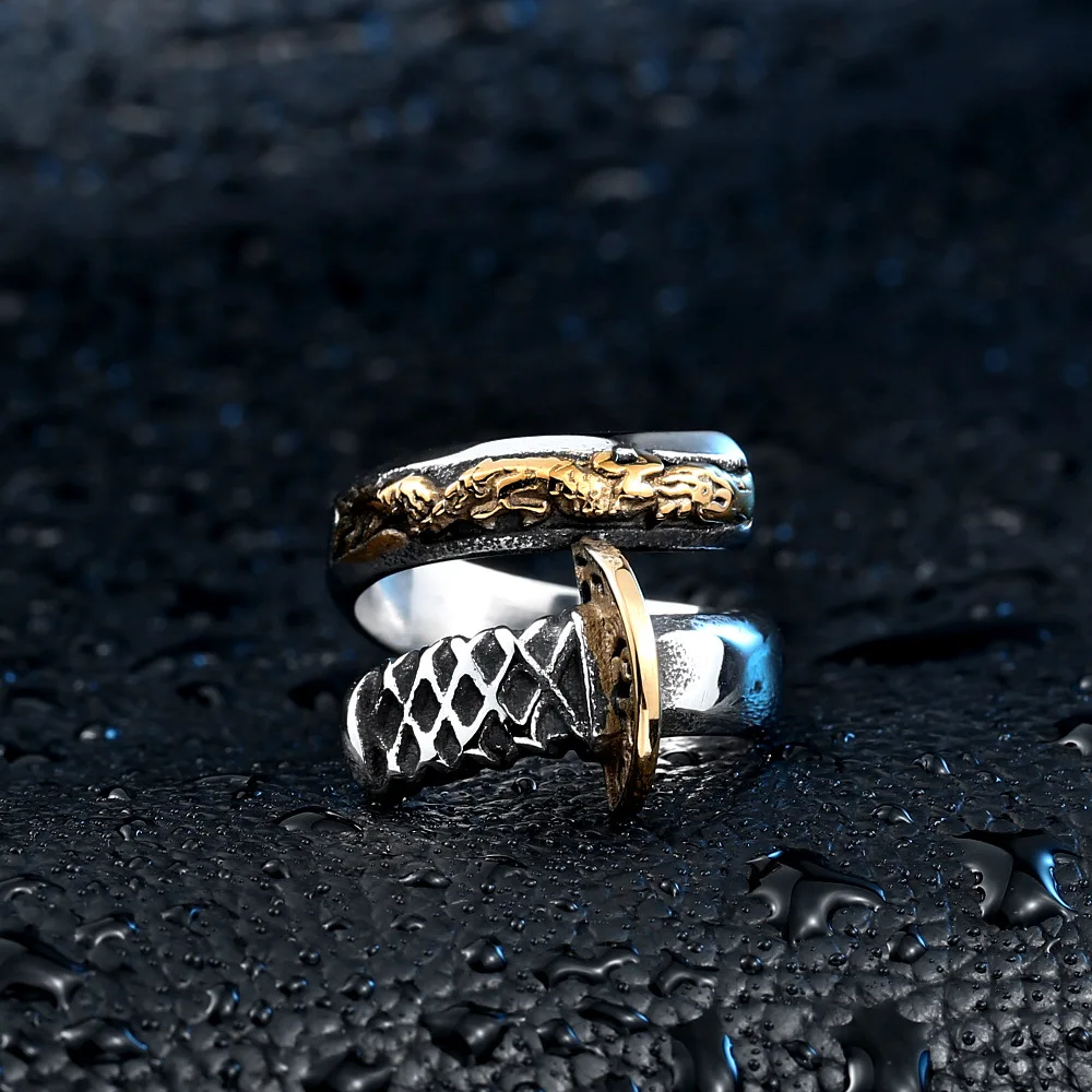 Retro Antique Dragon Pattern Katana Rings Gold Plated Stainless Steel Jewelry Mens Ring