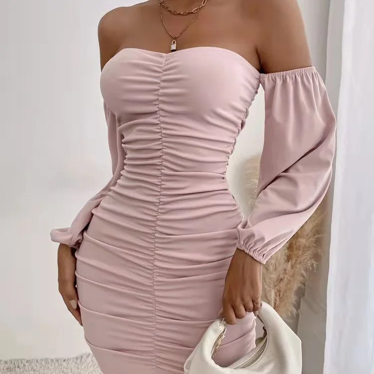 High Quality Women Party Club Dresses Ruched Off Shoulder Lantern Sleeve Bodycon Dress