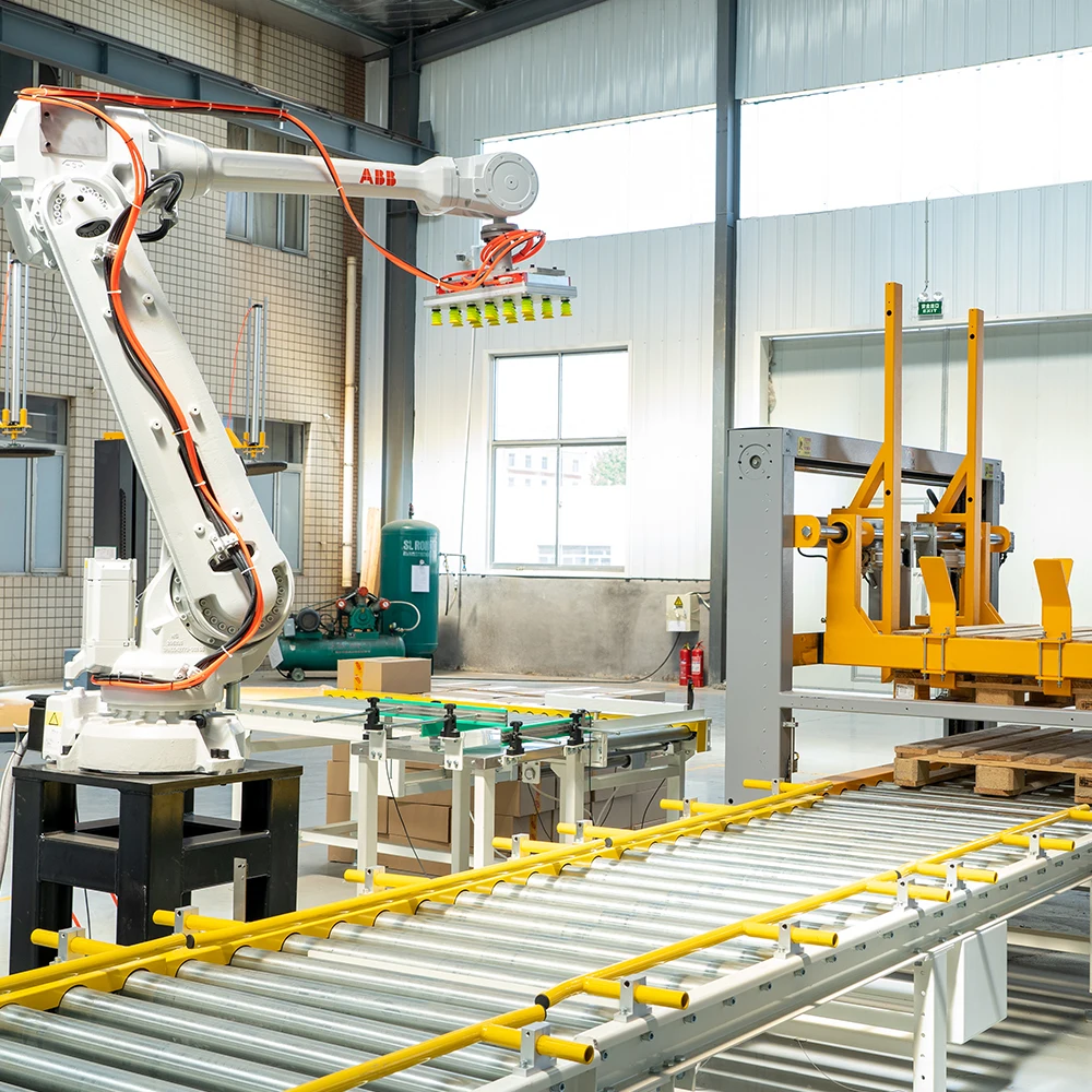 Fully automatic robot palletizing system with wrapping machine