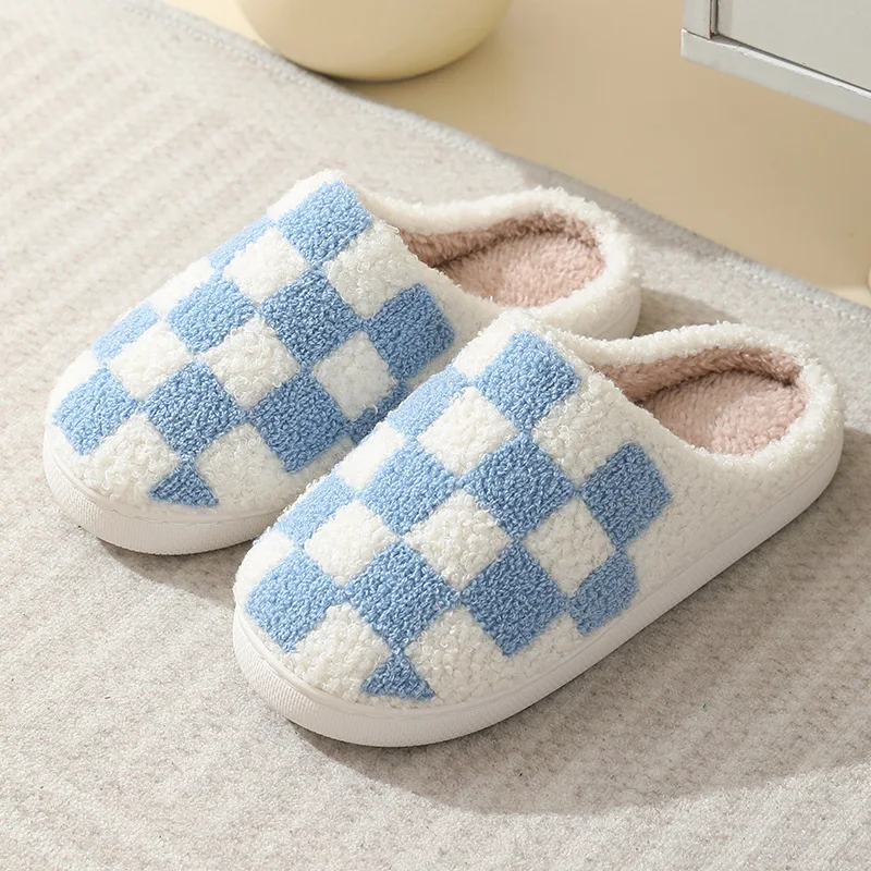 Fashion Women Winter Checked Print Indoor Warm White Cotton Slippers With Cute Checkered Pattern