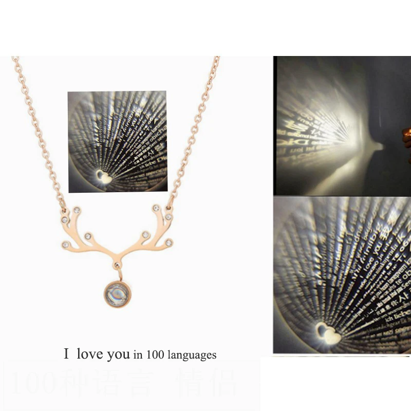 
2021 New One Deer I love You Titanium Steel Necklace Female Rose Gold Smart Deer Love Gift 100 Languages Jewelry 