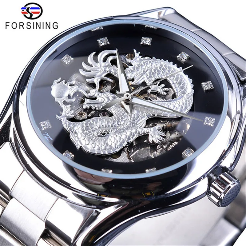 Man Watch Top Brand Luxury Classic Dragon Design Silver Stainless Steel Diamond Display Men Automatic Wrist Watches Clock