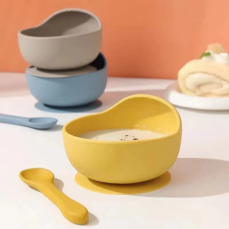 Food Grade Silicone Bowl with Suction BPA Free Silicone Plate with Spoon for Baby Easy to wash Bowl and Silicone Spoon 2pack
