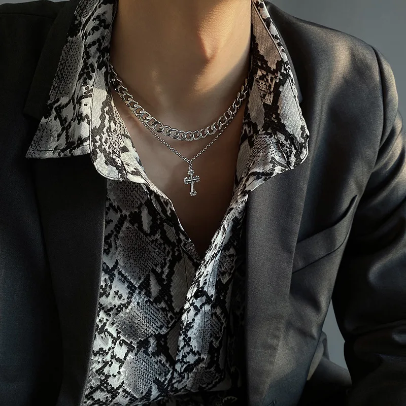 New Personalized Stainless Steel Cuban Chain Double layered Cross Pendant for Men and Women Street Hip Hop Rock Necklace