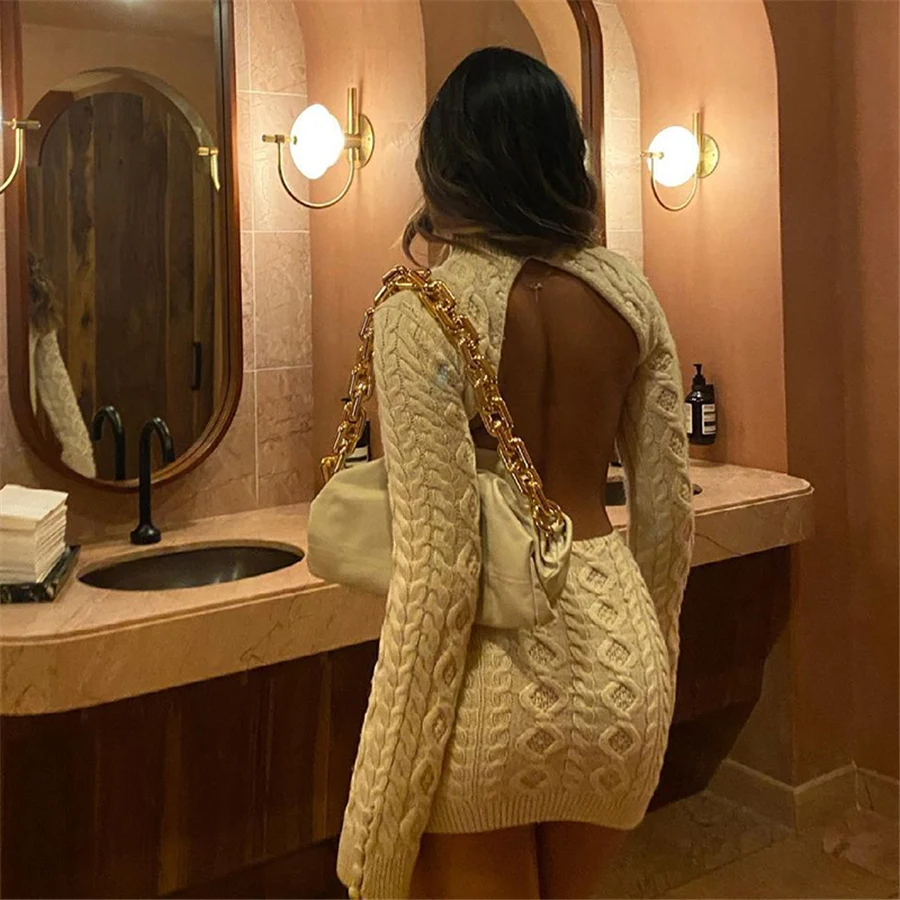 Nibber W21D02905 2021 Fall Winter Luxurious Christmas Wear Outfit Mini Knit Dress Women Clothing Basic Sexy Backless Wool Dress