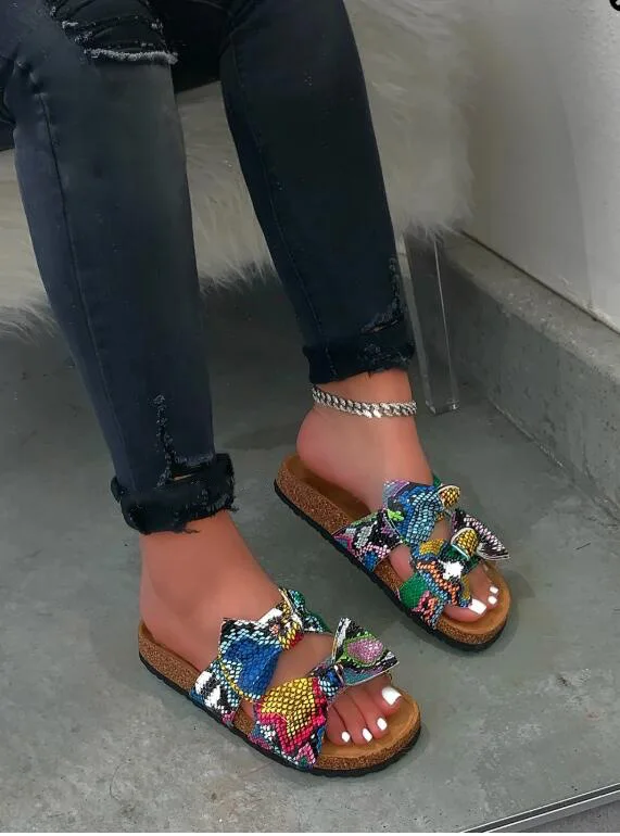 Open Toe Platform bow-knot Slide Sandals Sexy Leopard Print Bohemian Slippers Women Flat Sandals