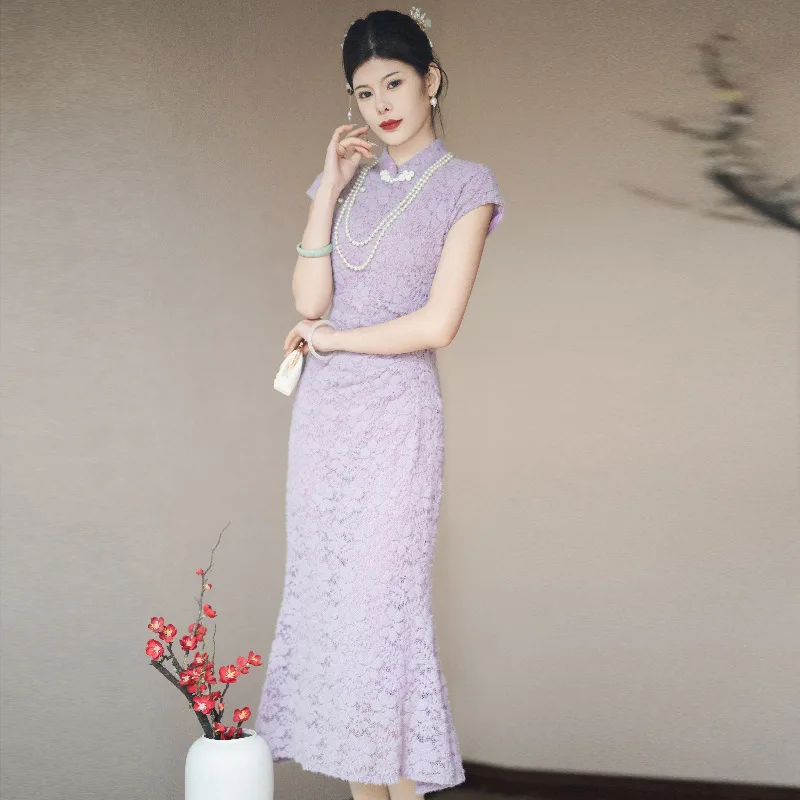 Women Purple Lace Cheongsam Dress Vintage Elegant Chinese Traditional Short Sleeve Dresses Light Ripe Style Qipao