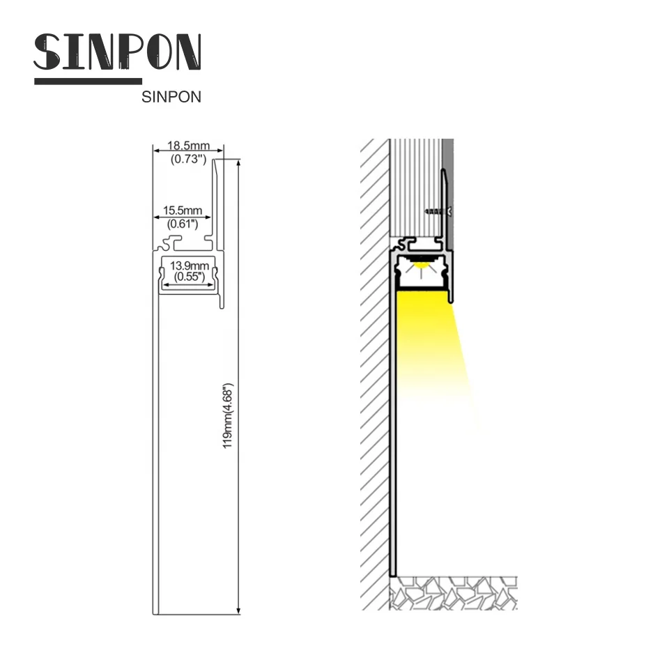 ALU19119 18.5mm * 119mm Led Aluminum Profile