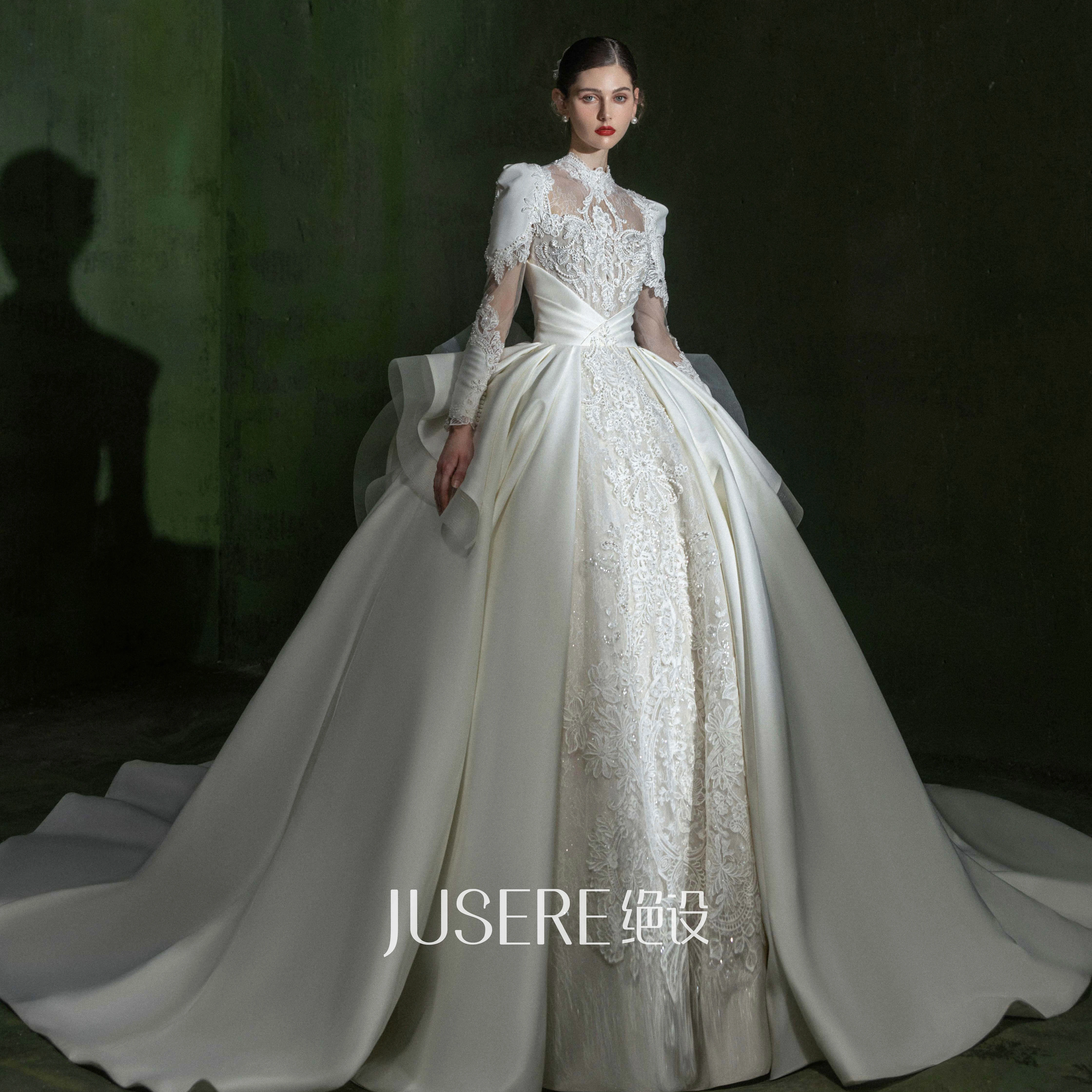 Vintage high collar long sleeves embroidery lace pearls beads satin ball gown wedding dress royal train