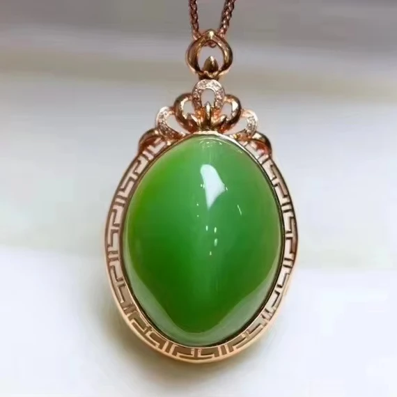 MEDBOO Fine Jewelry Factory Real 18k White Gold Egg Cut Jewellery Classic Green Nephrite Hetian Jasper Jade Pendant.