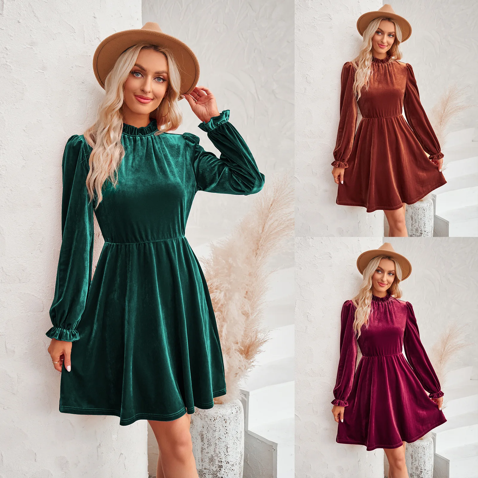 Traveling 2023 fall winter Casual high neck velvet Dress fashion A-Line velvet Casual Dress