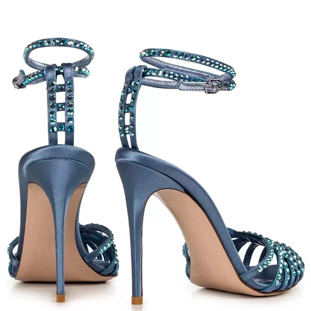 Ladies sandals summer blue satin ladies pumps 2022 sexy diamond pointed toe ankle strap heeled sandals
