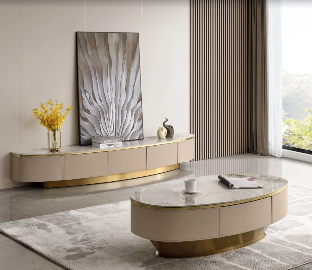 Coffee Table Top Center Table and Tv Cabinet Set Stainless Steel Drawer Living Room Marble New Arrival Luxury Barenia Leather