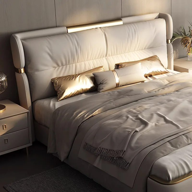 Modern Leather Villa Bed Frame Italian King Double Upholstered Lit Complet Wood Full Size Bedroom Furniture Set