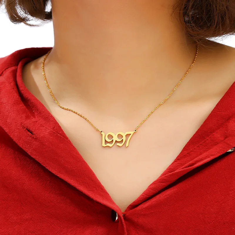 Customs Stainless Steel Birth Year Number Necklace Old English Silver Pendant Birthday Gift for Women Girl 18 inch Gold Chain