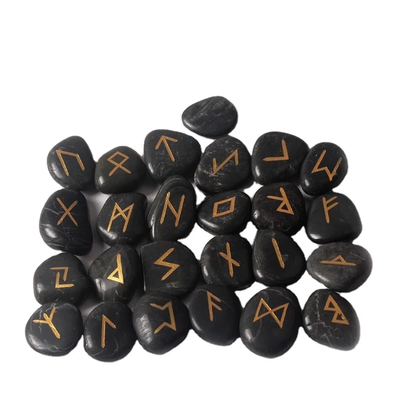 Оптовая продажа нестандартный гравированный черный обсидиан полудрагоценный исцеляющий руниновый камень рейки