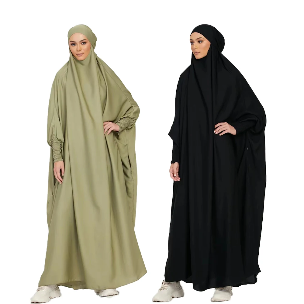 Muslim Women Jilbab One-piece Prayer Dress Hooded Abaya Smocking Sleeve Dubai Saudi Black Robe Islamic Clothing Turkish Modesty