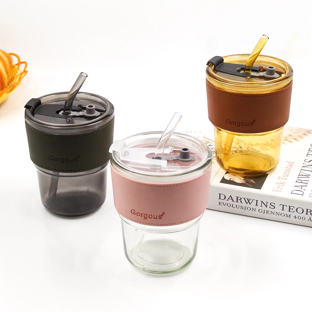 Vintage Bamboo Design Mug Thicken Tea Coffee Dome Amber Water Glass Cup with Lid Straw and Cup Sleeve