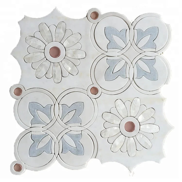 Art Waterjet Mosaic Floral Pattern Marble Inlay Shell Tile for Floor and Wall Decor