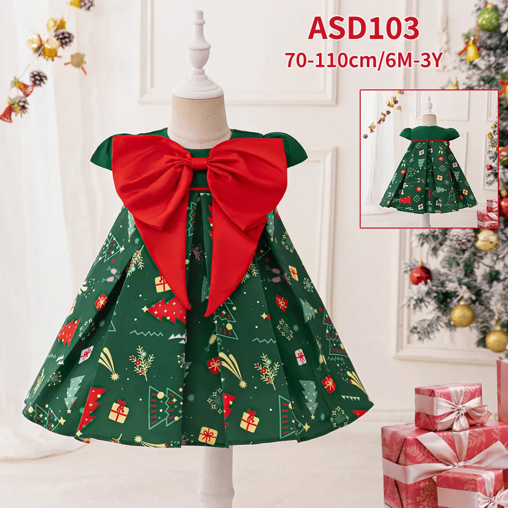 MQATZ Mini Christmas Cotton Dress Baby Doll Sleeveless Princess with O-Neck Collar Puff Sleeves Floral Girl with Bow ASD103