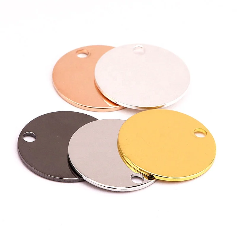 Custom company brand logo stamped engraved metal jewelry round shaped blanks tags charms with jump ring