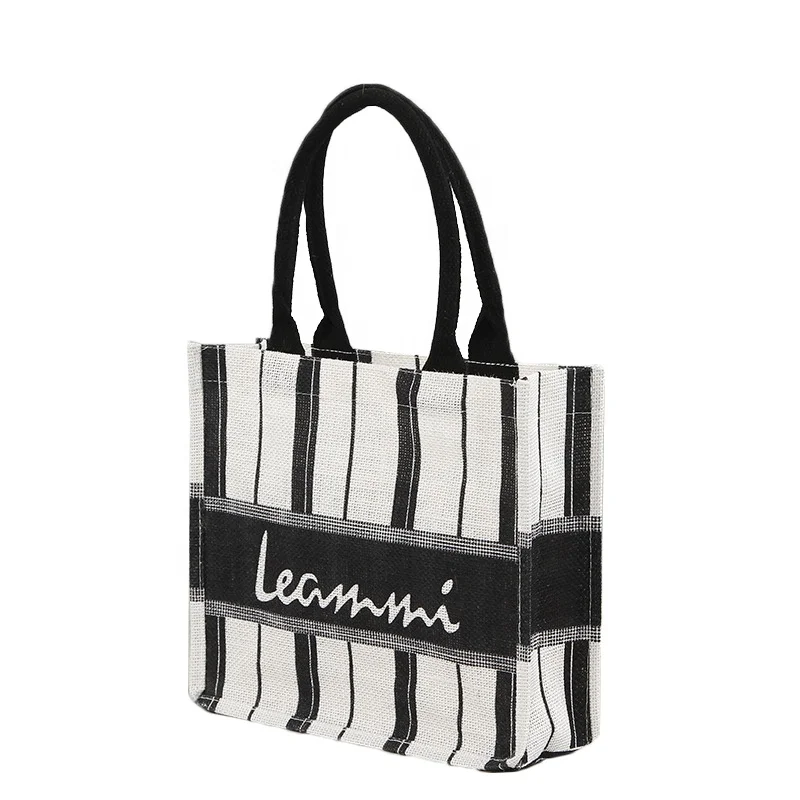 Laminated customized striped printed burlap jute fabric women shopping tote bags