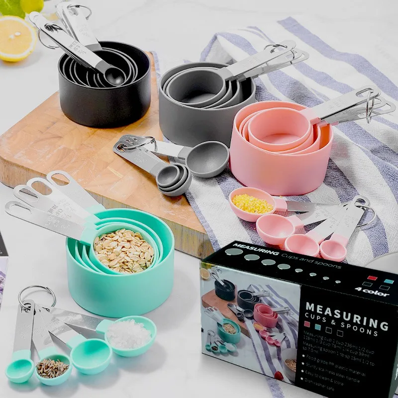 Adjustable Collapsible 8Pcs Kitchen Baking Measuring Silicone Plastic Measuring Cups And Spoons Set Scale Plastic