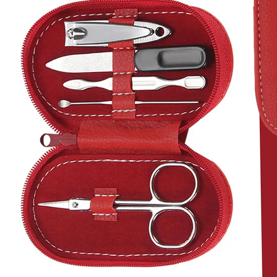 Customized Portable Stainless Steel Soft Red Leather Bag Rounded 5 in 1 PCS Pedicure Kits Personal Care Grooming Manicure Set