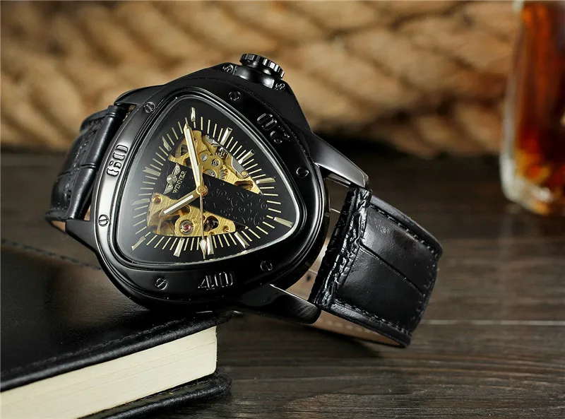 Winner Triangle Golden Skeleton Transparent Motorcycle Racing Design Mens Automatic Wrist Watch Top Brand Luxury Male Clock