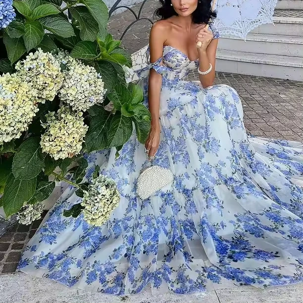 Новое весенне-летнее вечернее платье с открытыми плечами в европейском и американском стиле, модное длинное вечернее платье из органзы