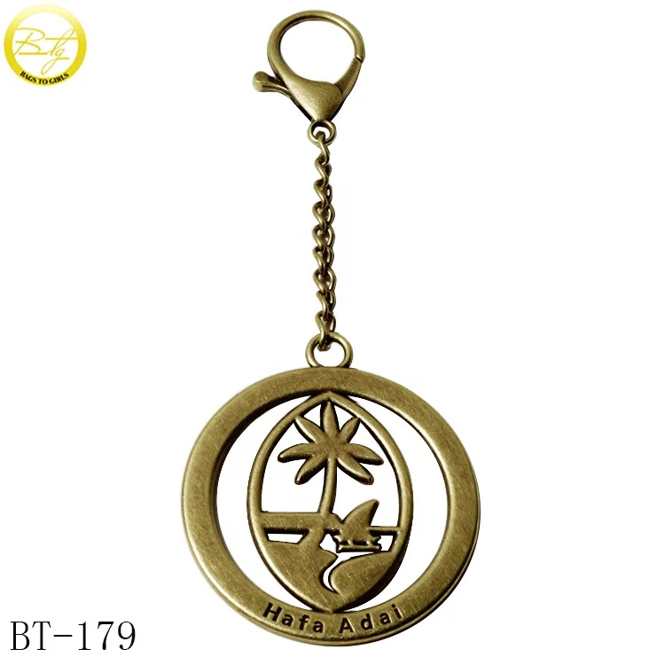 Promotional cheap handbag round chain tags zinc alloy brand letters metal nameplate for purse accessory