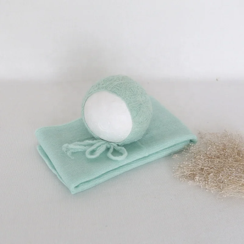 Four Side Wrap And Bonnet Photography Props Baby Stretch  knit Wrap Whit Hat Newborn Shoot Props