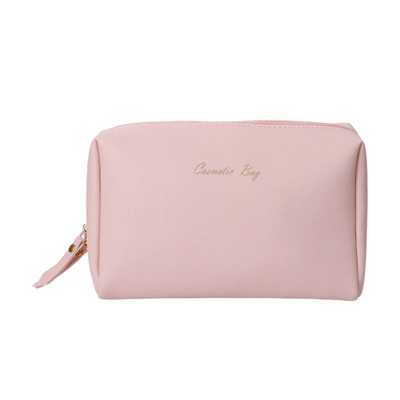 (Custom Logo) Pink Small Makeup Bag Water-Resistant Saffiano PU Vegan Leather Travel Cosmetic Pouch Bag for Women Girls