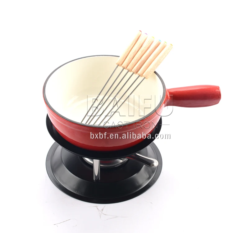 2-Quart Enamel Cast Iron Fondue Set Cheese Melting Pot Metal Stand with Stainless Steel Forks and Burner