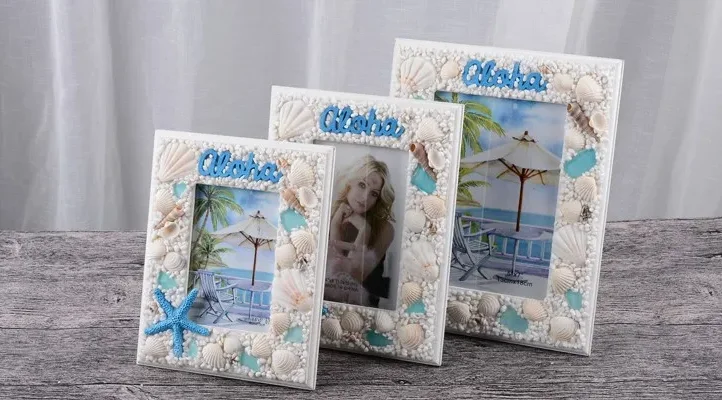 Custom logo tourist souvenir ocean beach design shell wood photo frame