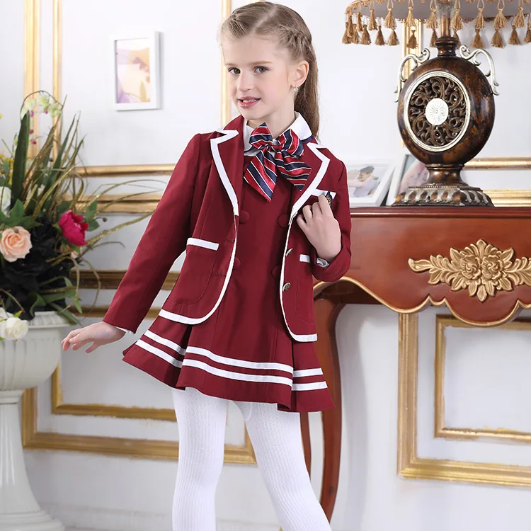 Wholesale Girls Wedding Maroon Fashion Blazer Pinafore Dress suit Party Girl Jumper Skirt Clothing sets with upmarket quality