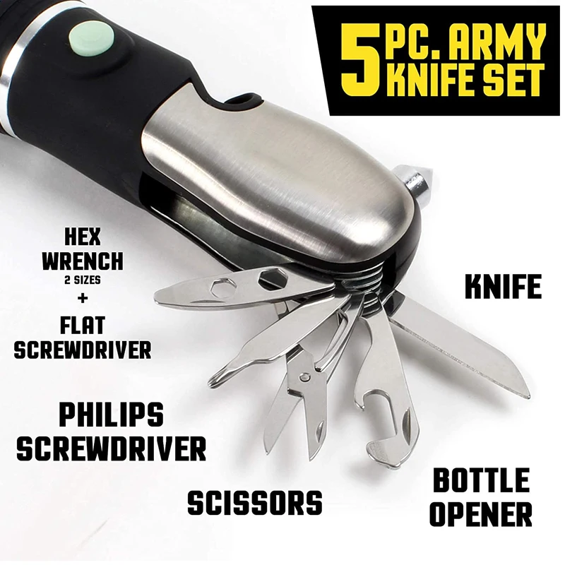 LED zoomable Stainless Steel 5 Piece Pocket Army Knife Tactical Multitool Flashlight With Seatbelt Cutter Window Glass Breaker