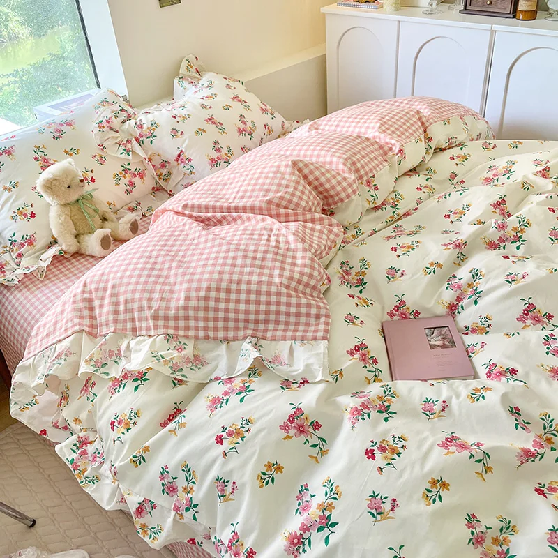 Wholesale Soft Beautiful Floral Bedding Cotton Reversible Duvet Cover with Pillowcases