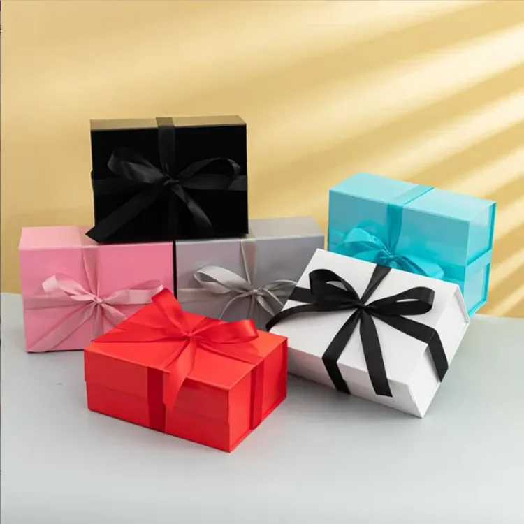 Personalised luxury wholesale christmas pink square magnetic gift present collapsible rigid box with ribbon