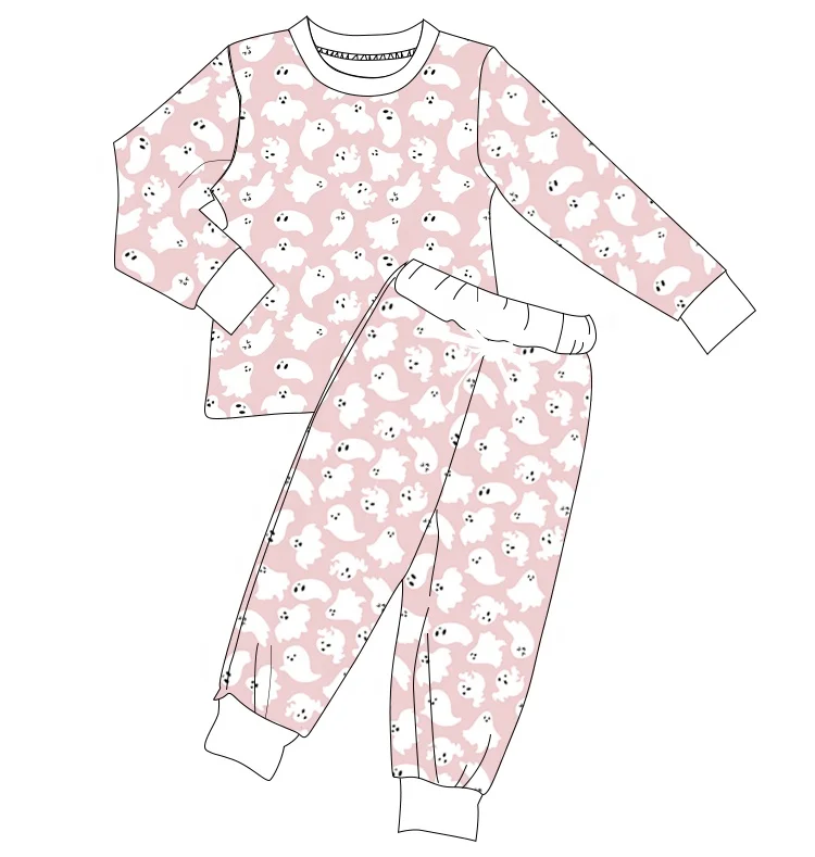 2022 Wholesale Toddler Baby Halloween Lounge Set Pink Boo Ghost Pattern Kids Girl Boutique Outfits Clothing Set