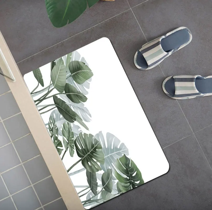 Hot selling factory wholesale green leaf waterproof shower curtain90g/Flat toilet carpet floor mat cross-border